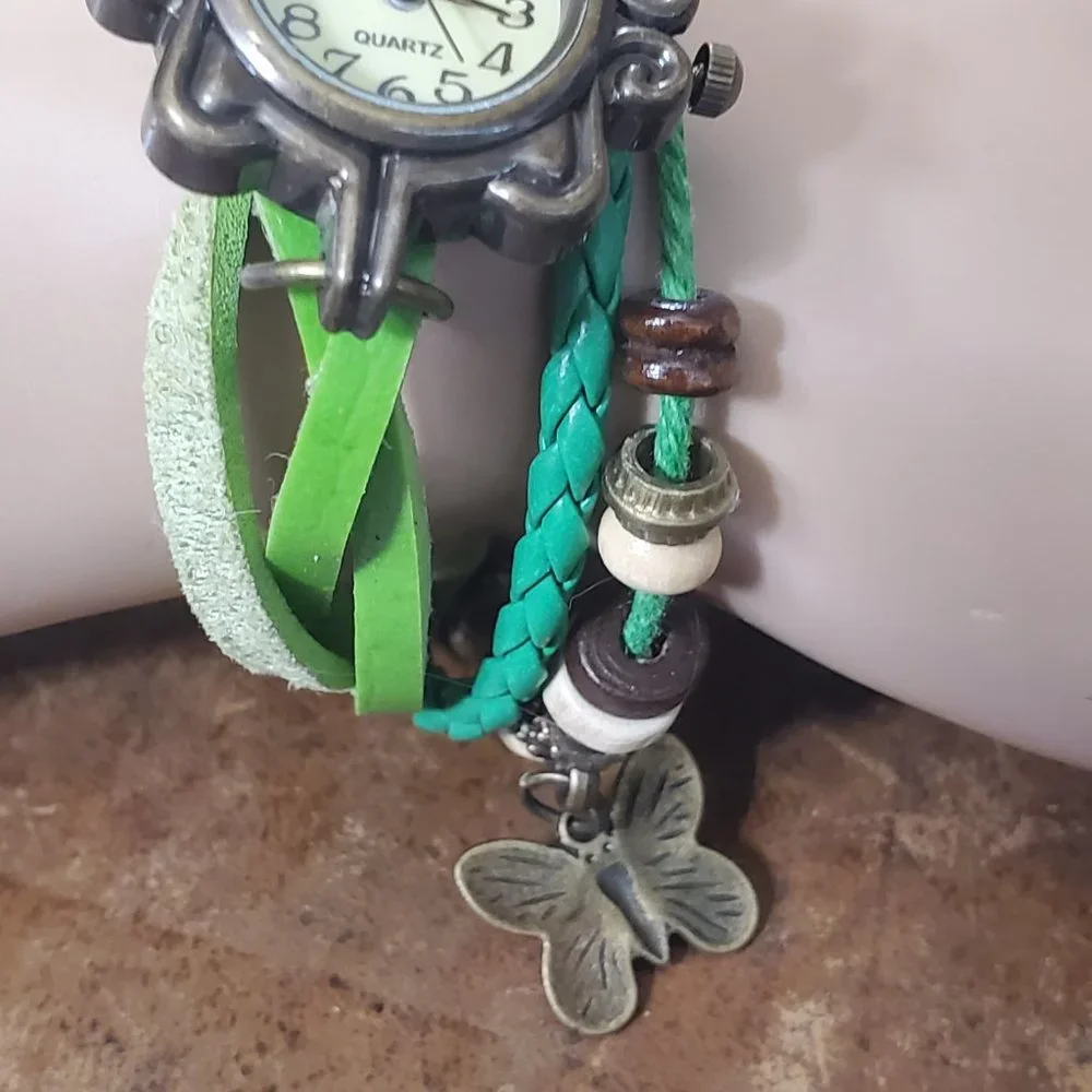 Beaded Bracelet Boho Watch - Butterfly Charm - Green - Picture 5 of 9